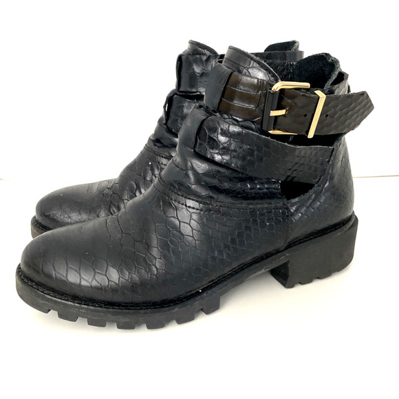 Miista Croc Embossed Ankle Boot Black Leather Round Toe Gold Buckle 37 6.5 - Picture 4 of 9